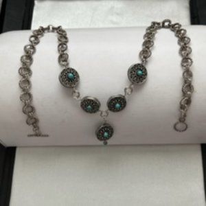 Double Linked Silver Necklace, circle designs w turquoise stones, small pendant